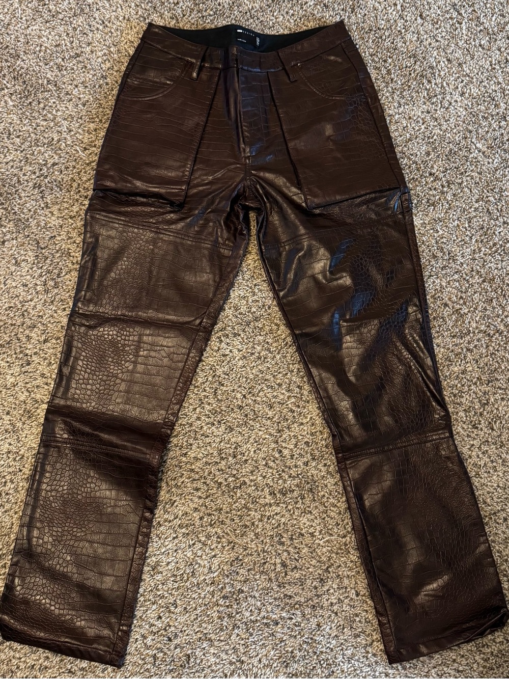 ASOS W33xL32 Straight Faux-Leather Cargo Pants with Carpenter Detail in Burgundy